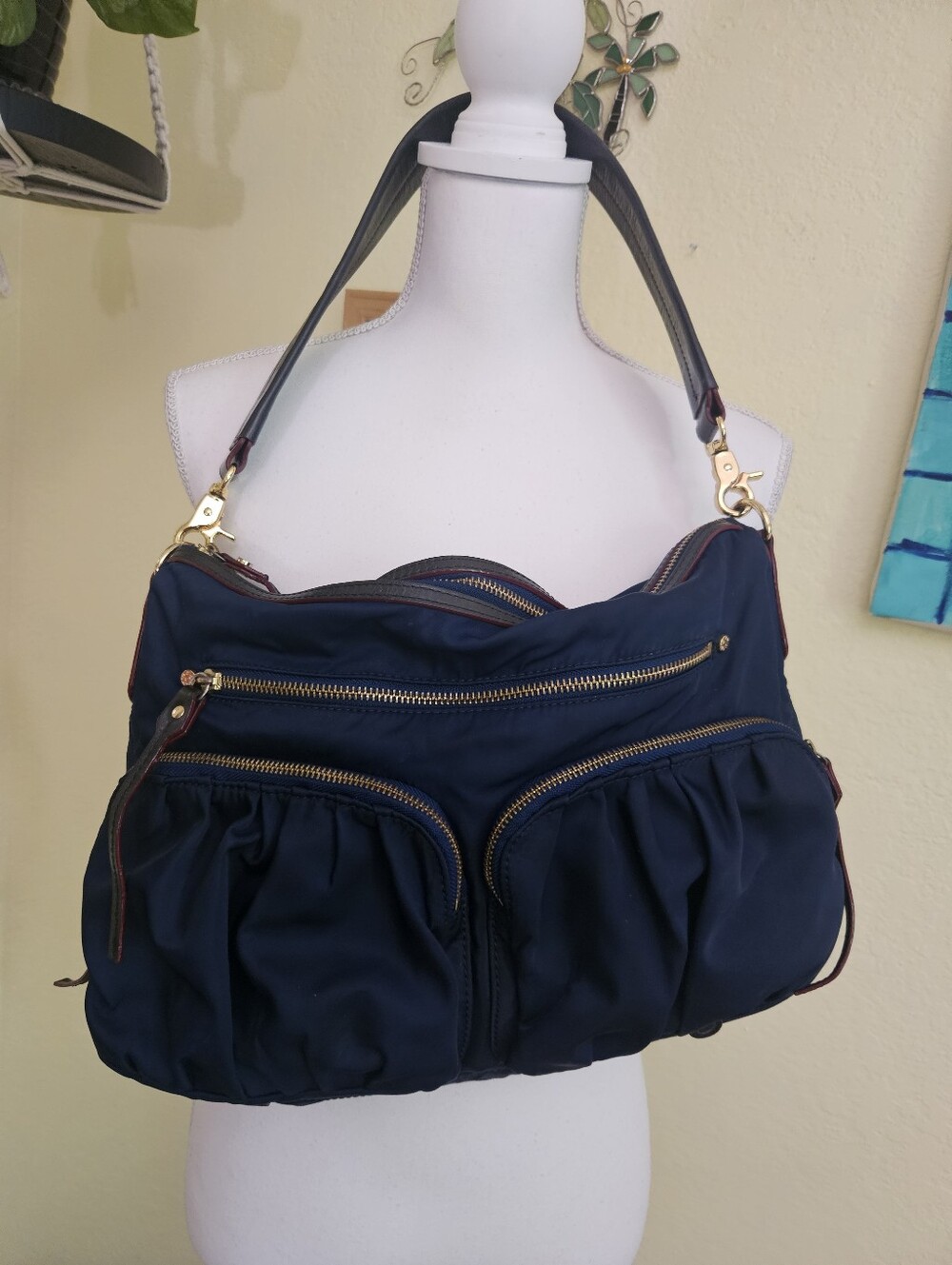 MZ Wallace Blue nylon with leather trim paige cross body bag.